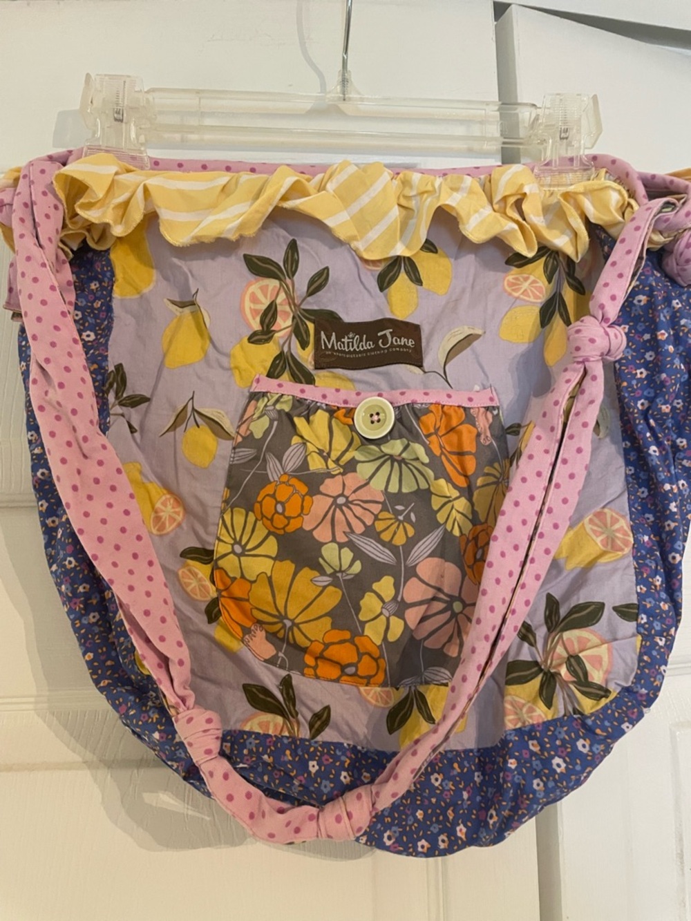 Matilda Jane Lavender Lemon Floral Drawstring Tote with Pink Polka Dot Straps